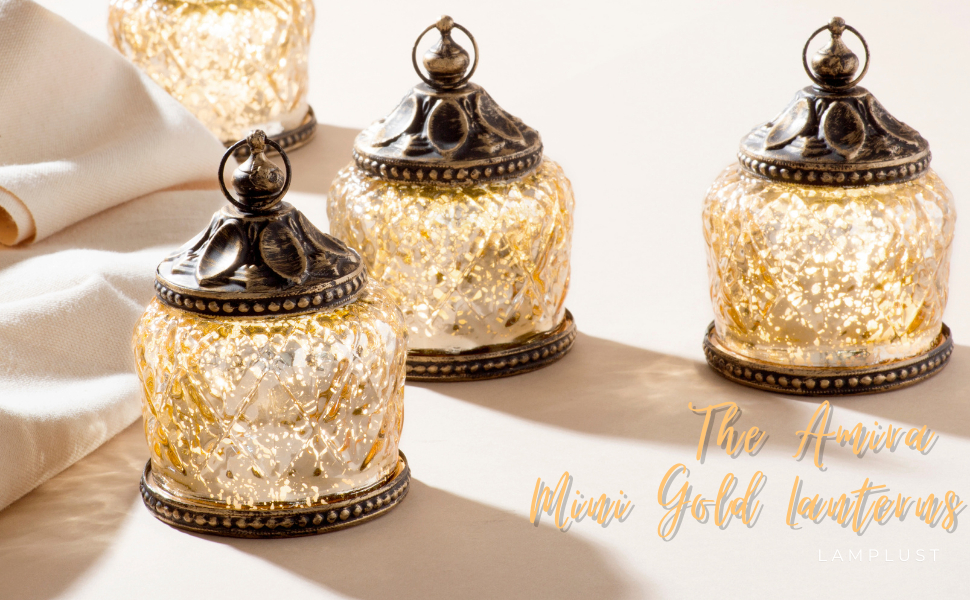 Mini Gold Mercury Glass Lanterns - Set of 4, Warm White LED Lights, 4 Inch Height, Antique Bronze