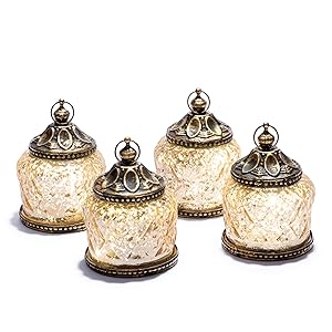 Mini Gold Mercury Glass Lanterns - Set of 4, Warm White LED Lights, 4 Inch Height, Antique Bronze