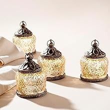 Mini Gold Mercury Glass Lanterns - Set of 4, Warm White LED Lights, 4 Inch Height, Antique Bronze