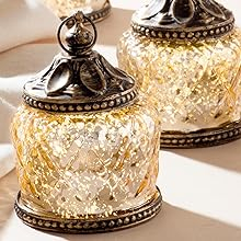 Mini Gold Mercury Glass Lanterns - Set of 4, Warm White LED Lights, 4 Inch Height, Antique Bronze